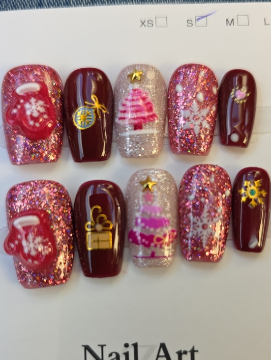 Other - Holiday Nail Art Set - Burgundy & Pink Festive Press-Ons Size 2-6-7-6-10